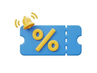 3d rendering of a blue discount coupon ticket with a yellow percentage symbol and ringing notification bell isolated on white background