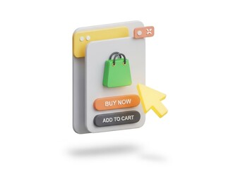 3d illustration of online shopping cart interface with buy now and add to cart button isolated on white background