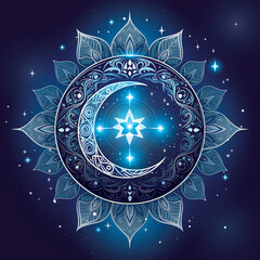 Fototapeta premium Lunar Bloom – Mandala of Celestial Harmony. A celestial mandala with crescent moon and radiant star at its heart. Deep blue tones and lotus layers evoke cosmic balance, serenity, and spiritual depth. 
