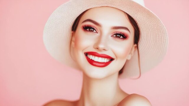 Video A woman with a distinctive white hat and bold red lipstick, perfect for editorial or commercial use