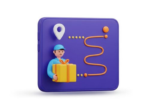3d rendering of delivery man holding gift box on mobile application tracking map with location pin and route line