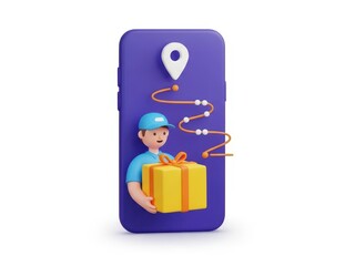 3d character delivery man holding gift box on smartphone screen showing tracking route and location pin isolated on white background