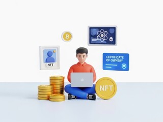 3d character working on laptop surrounded by digital asset icons like nft coin certificate and bitcoin isolated on white background
