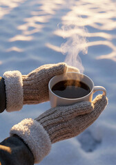 Warm Winter Moment – Hands in Knit Mittens Holding a Steaming Cup of Coffee on Snowy Morning