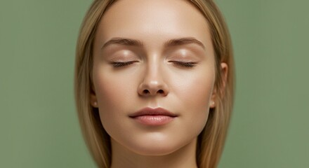 Fototapeta premium Closeup portrait of a young woman with her eyes closed, showcasing her natural beauty and clear skin against a soft green background