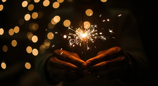 Closeup of hands holding a sparkling sparkler at night, with bokeh lights in the background