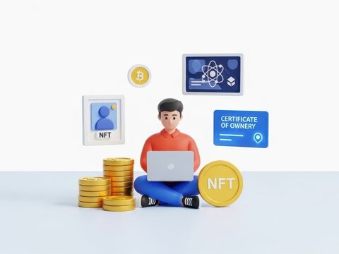 3d character working on laptop surrounded by digital asset icons like nft coin certificate and bitcoin isolated on white background