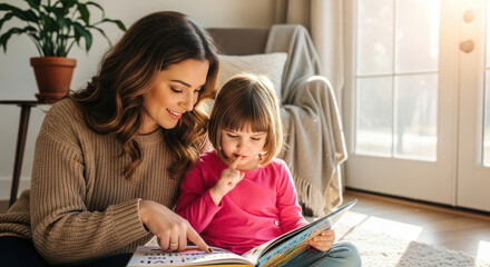 Loving Mom teaching her adorable young daughter to read from a colorful book at home, bathed in warm afternoon sunlight, fostering early literacy and family bonding.