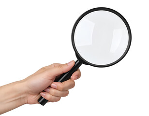 Side Angle Hand Gripping a Modern Black-Frame Magnifying Glass, PNG Transparent.