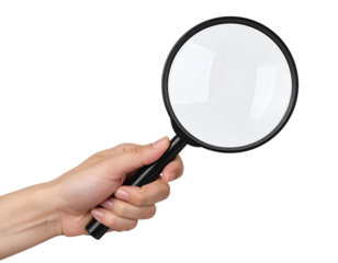 Side Angle Hand Gripping a Modern Black-Frame Magnifying Glass, PNG Transparent.