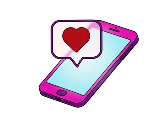 Pink smartphone receiving a notification with a red heart icon, symbolizing social media like or love, isolated on white background