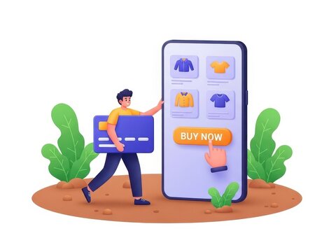 Man holding credit card shopping online using mobile phone application with buy now button and clothing selection concept