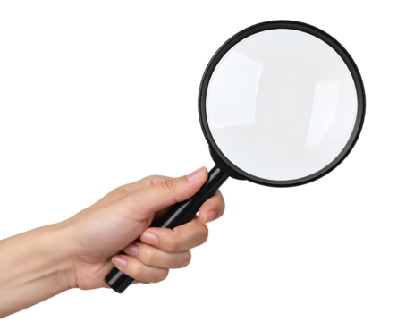 Side Angle Hand Gripping a Modern Black-Frame Magnifying Glass, PNG Transparent.