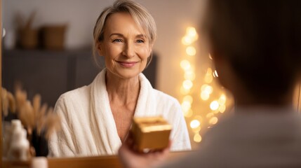 Senior woman in bathrobe receiving beauty product as gift, reflecting in mirror with glowing warm lights