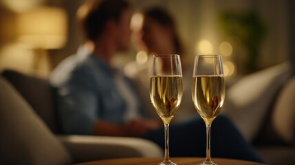 Obraz premium Champagne glasses with romantic couple celebrating anniversary or romantic date night at home