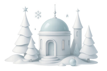Winter festive landscape with snow-covered trees and church, 3d illustration creating a christmas holiday village scene on transparent background