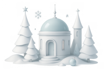 Winter festive landscape with snow-covered trees and church, 3d illustration creating a christmas holiday village scene on transparent background