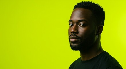 Fototapeta premium Closeup portrait of a young black man with a beard, looking to the side against a vibrant lime green background