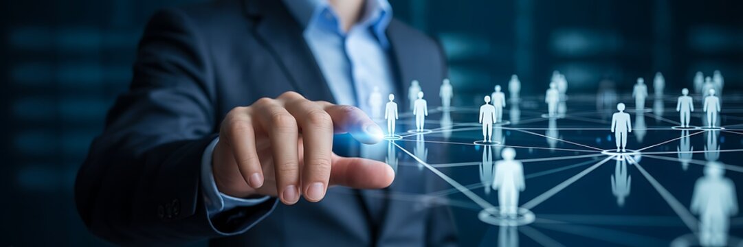 Man touching digital screen showing network of people connecting virtually - Powered by Adobe