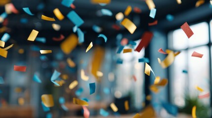 Colorful confetti streamers falling down during celebration event creating a festive abstract background texture