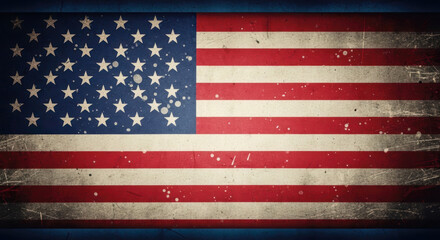 Grunge distressed American flag background featuring stars and stripes with a dark blue border, embodying a modern patriotic USA theme.