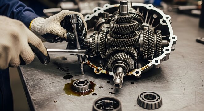 Mechanic working on a car transmission with gears and bearings visible on a metallic workbench surface