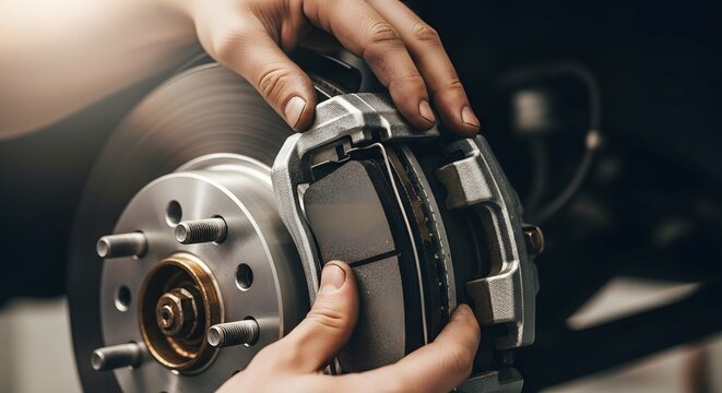Mechanic installing new brake pads on a car with visible rotor and caliper in close up view of the work