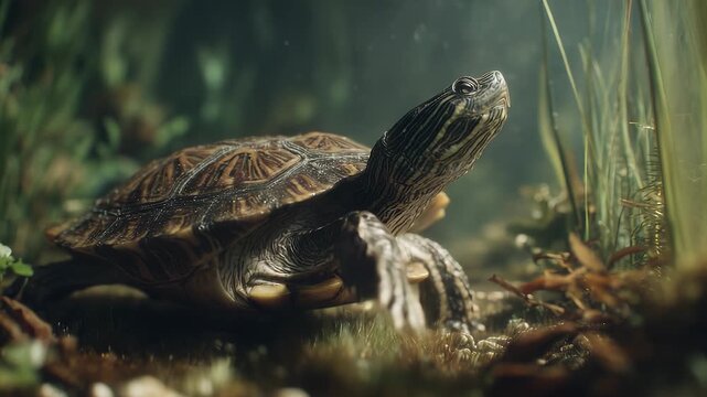 A turtle swims gracefully in clear water, its beautifully patterned shell glimmering under the soft light. Aquatic plants sway gently around the turtle as it explores its serene en