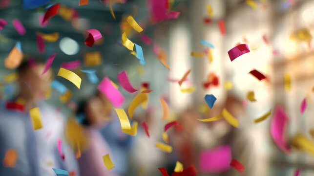 Colorful confetti raining down during a celebration, people enjoying a festive party, abstract success background