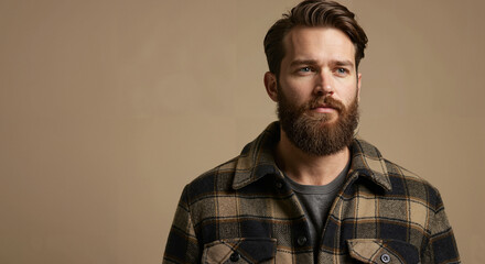 Obraz premium Man with beard wearing flannel shirt against neutral background 