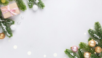 Festive holiday decoration arrangement cozy indoor setting image of christmas ornaments and pine branches soft lighting aesthetic viewpoint for seasonal celebration inspiration