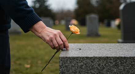 Hand placing orange rose on gravestone in cemetery during autumn  