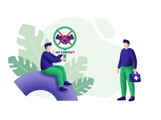 Illustration showing two men practicing social distancing with a no contact sign, emphasizing safety during interaction