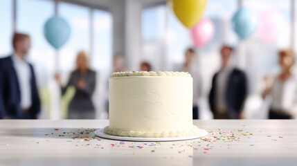 Celebration cake on office table with colorful sprinkles and corporate team enjoying a party