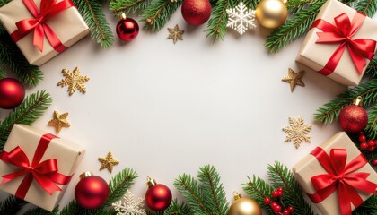 Festive gift arrangement holiday celebration visual display decorated environment flat lay view seasonal joy and cheerfulness