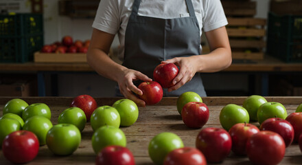 Person sorting red and green apples on wooden table in market  