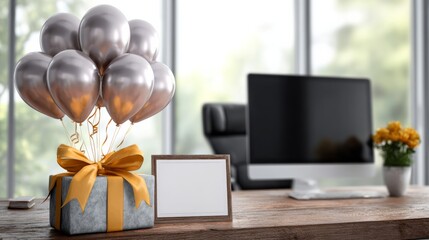 Office birthday celebration surprise with shiny balloons, a gift box, and a blank picture frame on a wooden desk