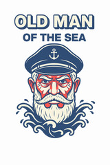 Weathered sea captain with anchor cap rises from stylized waves, bold beard lines, classic nautical vector.