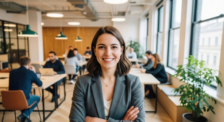 A confident, smiling young businesswoman looking at the camera with arms crossed in a modern, vibrant coworking space.