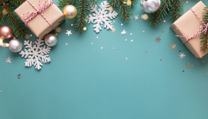 Festive gift arrangement on a teal background holiday celebration event photography indoor setting eye-level perspective christmas spirit and joy