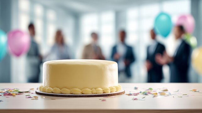 Corporate team celebrating success or a birthday with a cake, balloons, and scattered confetti at a lively office party - Powered by Adobe