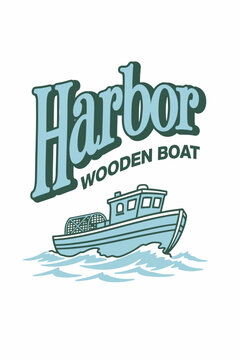 Classic workboat with traps on deck heads out from the cove, smooth lines and calm water, minimalist badge style