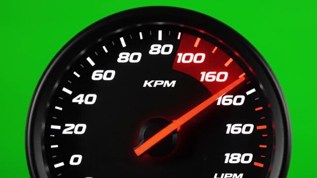 Close up of a car tachometer gauge showing engine speed at 8000 rpm against a green screen background