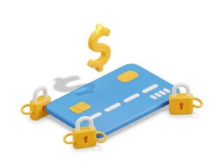 3d rendering of a blue credit card secured by three yellow padlocks with a yellow dollar sign floating above, isolated on white background