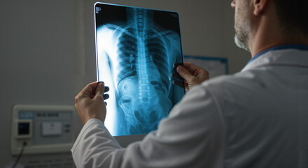 Medical professional examining X-ray image of patient's spine  