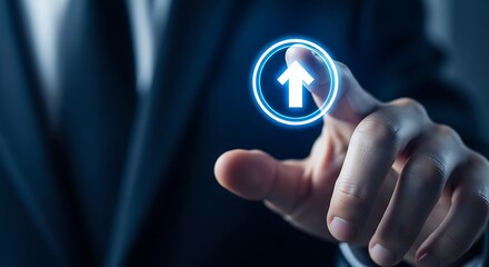 Person touching virtual interface button with arrow up on dark background