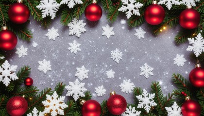 Festive christmas decoration with red ornaments and snowflakes on a grey background seasonal holiday theme close-up view celebratory atmosphere