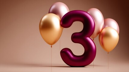 Number 3 with inflating gold and pink balloons for a third anniversary or birthday celebration