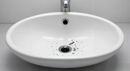 Fototapeta premium Round white sink with debris and dirt in modern bathroom 