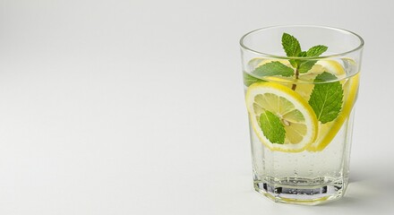 Glass of refreshing water with lemon slices and mint leaves
